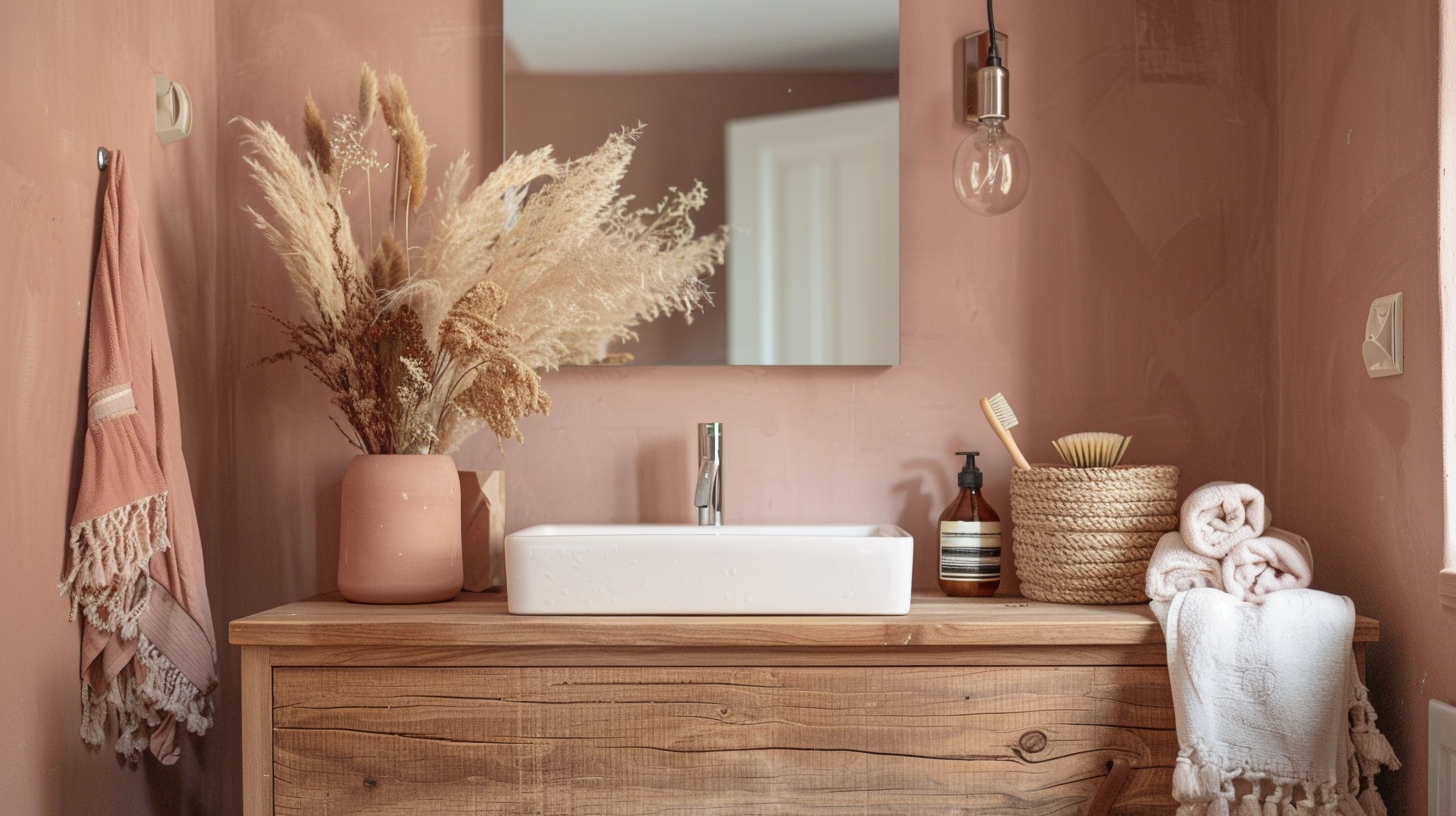 Baderom med rolig fargepalett og naturmaterialer